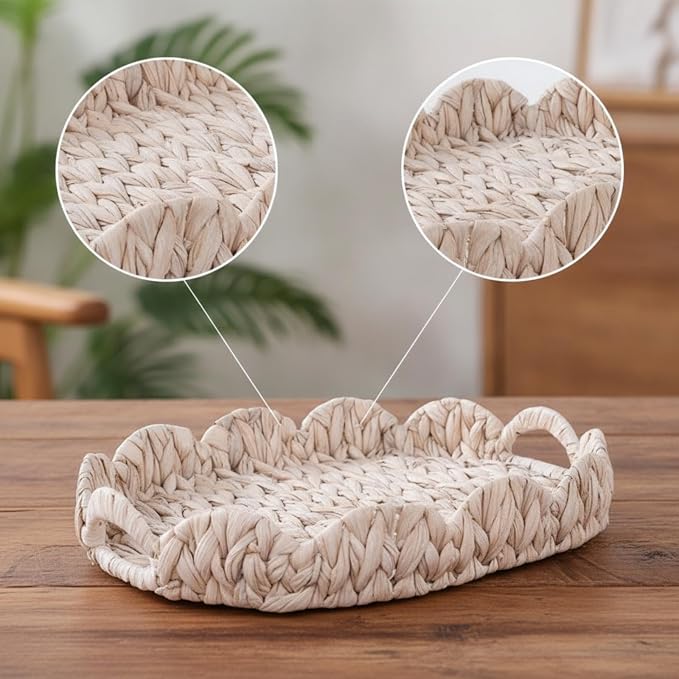 Gralara Basket Home Tray Organizer with Handles Low Profile Oval Rectangular Form Lace Like Rim Water Hyacinth Suitable for Kitchen Serving Coffee Table