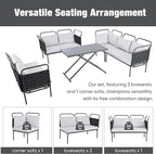 5-Piece Outdoor Patio Sectional L-shaped Sofa Set, Woven Rope Conversation Furniture with Loveseat, Corner Couch, Glass Coffee Table and Removable Cushions, Onesize, Black+Gray