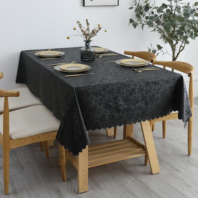 Smiry Rectangle Waterproof Heavy Duty Vinyl Tablecloths, 70 x 90 Inch | Wipeable Washable Floral Embossed Table Cover for Kitchen and Dining Room, Indoor & Outdoor Use, Black