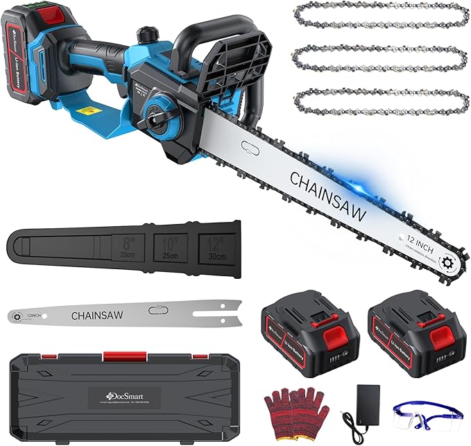 Chainsaw Cordless 12 Inch,Electric Chain Saw with 2pcs 4000mAh Rechargeable Batteries,Battery Powered Handheld Saw for Trees Trimming Wood Cutting,Perfect Gardening Tools for Thick Branches and Logs