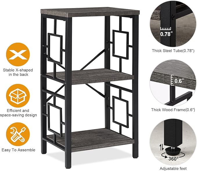 Small Bookshelf, 3 Tier Vintage Industrial Small Bookshelf for Small Spaces, Freestanding Open Shelf Bookcase, Versatile Bookshelf for Home Office, Bedroom & Living Room, Grey