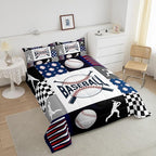 Baseball Bedding,Kids Sports Baseball Comforter Set For Boys Girls Twin Size,Teen Baseball Quilt Set Sport Fans Room Decor,Patchwork Geometric Checkered Comforter Balck white Navy Blue 1 Pillowcase