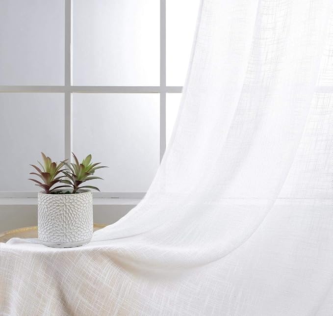 MIUCO White Sheer Curtains Poly Linen Textured Solid Grommet Curtains 95 Inches Long for French Doors 2 Panels (2 x 37 Wide x 95" Long) White