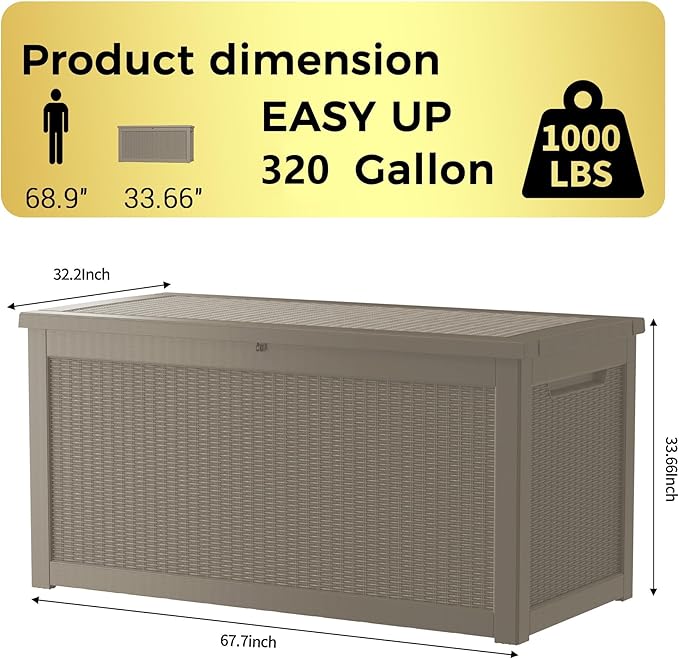 320 Gallon Waterproof Deck Box, Lockable Resin Storage Box for Patio Furniture Cushions Garden Tools and Outdoor Delivery Storage, Coffee