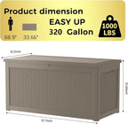 320 Gallon Waterproof Deck Box, Lockable Resin Storage Box for Patio Furniture Cushions Garden Tools and Outdoor Delivery Storage, Coffee