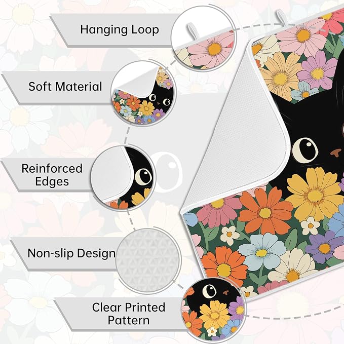 Black Cat Floral Dish Drying Mat for Kitchen Counter Coffee Bar 18x24 in | Non Slip Absorbent Kitchen Dishes Drainer Mat, with Anti-slip Rubber Backing & Hanging Loop, Decor for Sink, Cat Theme Gifts