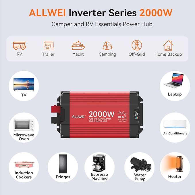 ALLWEI 2000W Pure Sine Wave Inverter 12V DC to 110V/120V AC Converter, Surge 4000W, 2 AC Sockets, LCD Display, Power Inverters for Vehicles, RV Truck Home Solar & Off-Grid Inverter, Remote Controller