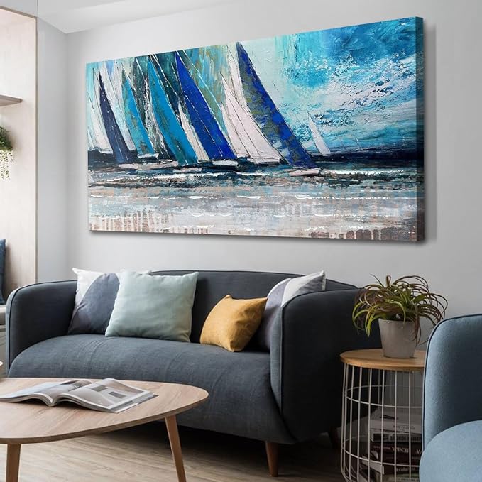 Arjun Blue Abstract Wall Art Canvas Teal Ocean Sailboat Picture Modern Turquoise Coastal Nautical Painting Large 48"x24" Framed Textured Artwork for Living Room Bedroom Bathroom Home Office Wall Decor