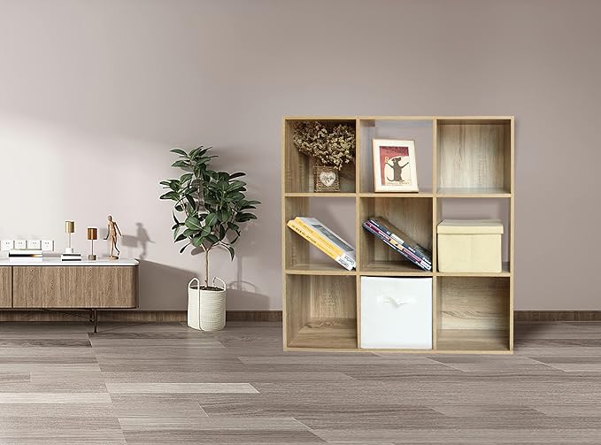 PACHIRA US 9 Cube Storage Bookcase, Unit Shelf, Wooden Closet Cabinet, Bookshelf File Organizer Rack in Living Room, Bedroom, Study, each cube 28.5 cm,Oak