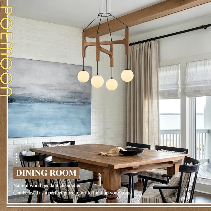 Farmhouse Wooden L24'' Chandelier Rustic Oak Wood Pendant Lights Mid Century 4-Light Milk Glass Globe Pendant Chandelier for Dining Room Kitchen Foyer Entryway Bedroom, G9