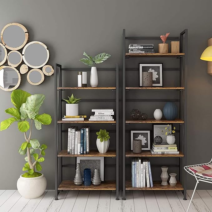 No-Assembly Folding Bookshelf Storage Shelves 4 Tiers Vintage Multifunctional Plant Flower Stand Storage Rack Shelves Bookcase for Home Office (Fire Board)