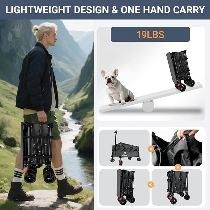 Favoyard Extra Large Collapsible Wagon Carts Foldable 360LBS Heavy Duty Beach Wagons with Big Wheels & Brakes Portable Folding Cart for Shopping Grocery Utility Sports Garden Camping Outdoor, Gray