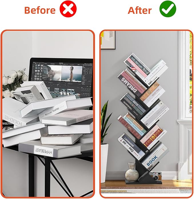 10 Tier Tree Book Shelf, Floor Standing Wood Bookshelf for Narrow Space, Storage Organizer Bookshelves for Books/CDs/Magazine, Bookcase with Shelves for Home Office, Living Room - Black