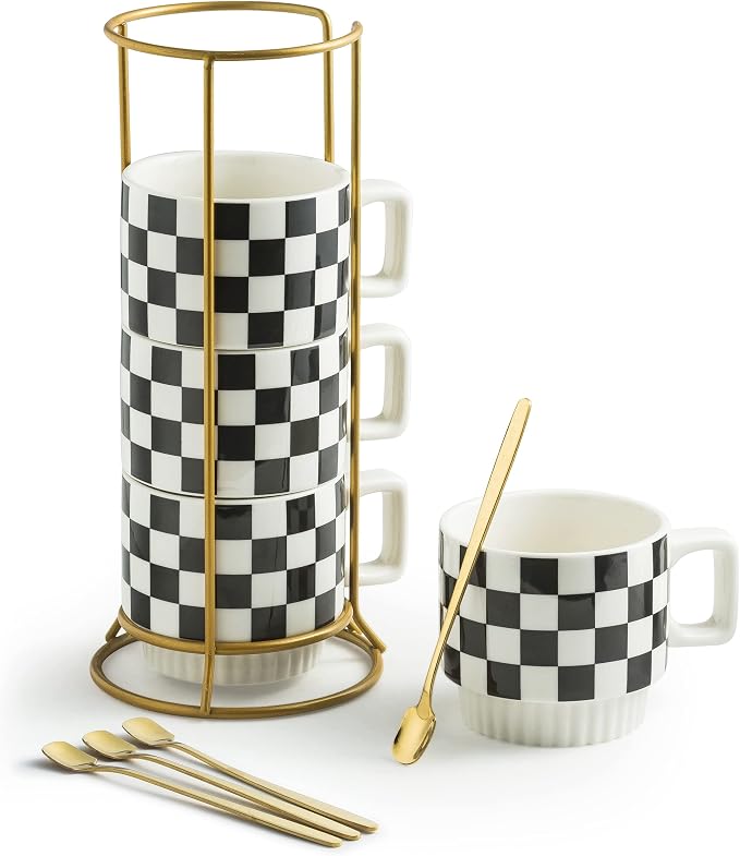 Miamolo Stackable Coffee Mug Set of 4 with Rack and Spoons, Space-saving | 11 oz, Ceramic | Checkered Black and White Pattern | for Coffee Tea Cocoa Milk, Housewarming Gift | Dishwasher Microwave Safe
