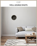 LUUK LIFESTYLE Modern Wall Clock with Silent Quartz Movement, Stylish & Functional, Decoration for Bedroom, 12 inch, in Black & Gold