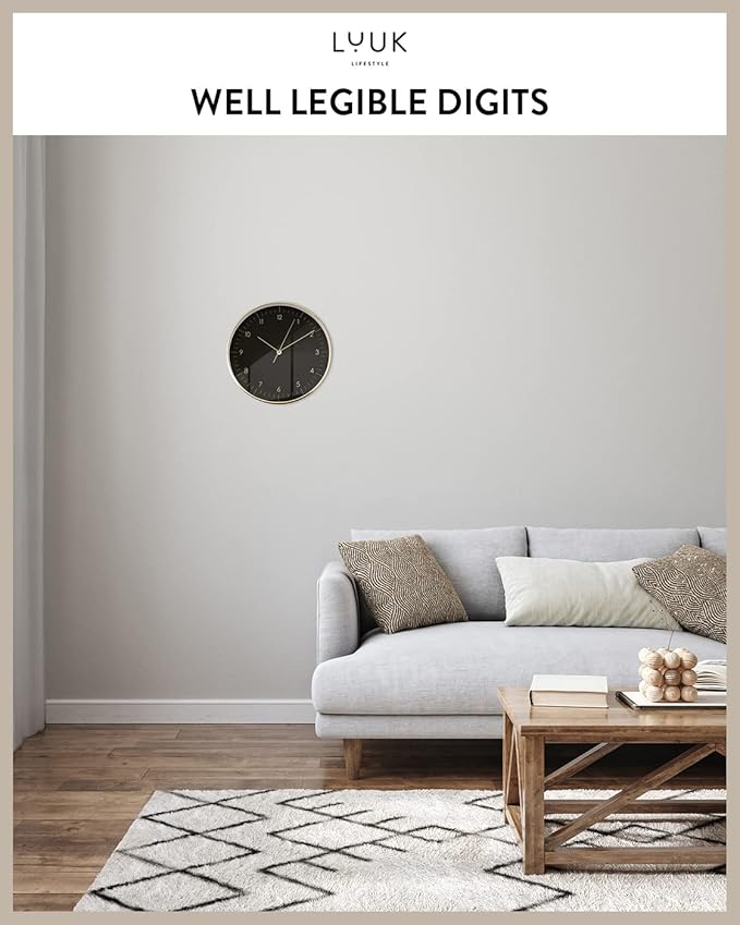 LUUK LIFESTYLE Modern Wall Clock with Silent Quartz Movement, Stylish & Functional, Decoration for Bedroom, 12 inch, in Black & Gold