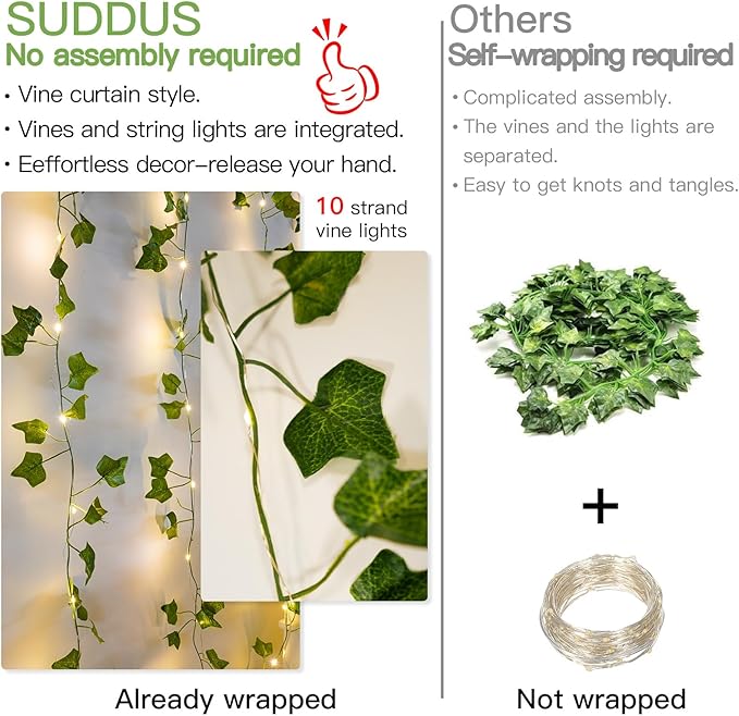 suddus Vines with Light for Bedroom, 200 LED Fairy Lights with Vines, Ivy Curtain Lights for Dorm, Wedding, Party, Wall, Indoor, Outdoor Decor, 6.5ft x 6.5ft