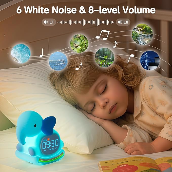 Alarm Clock for Kids with Night Light, Sleep Training Clock Time to Wake Clock, Rechargeable Silicone Light for Bedroom, Perfect Sleep Companion for Boys Girls，Blue Elephant