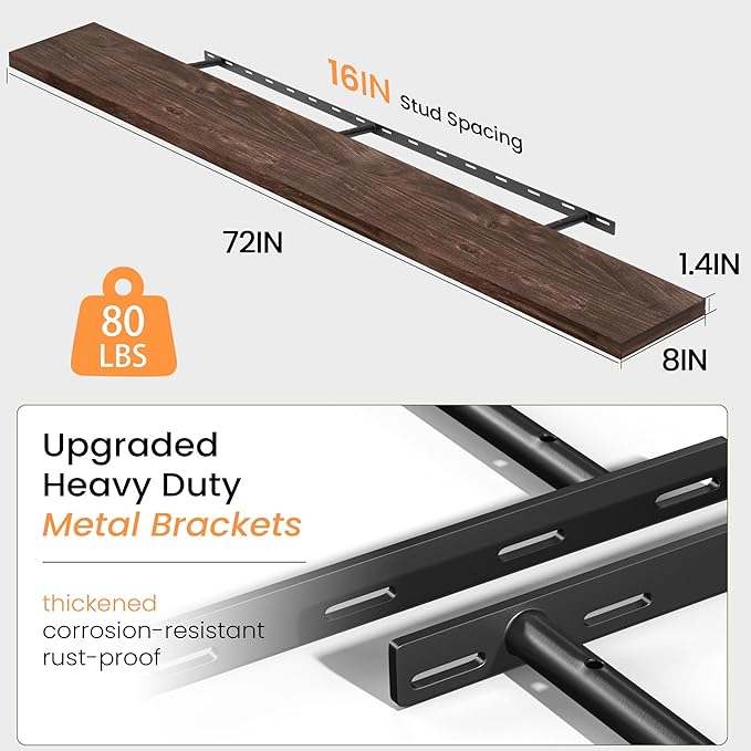 Fun Memories 72 Inch Floating Shelves for Wall, Elm Wood Floating Shelves for Home Décor, Wall-Mounted Display Shelves with Heavy-Duty Bracket, Long Floating Shelf for Kitchen, Living Room, Walnut