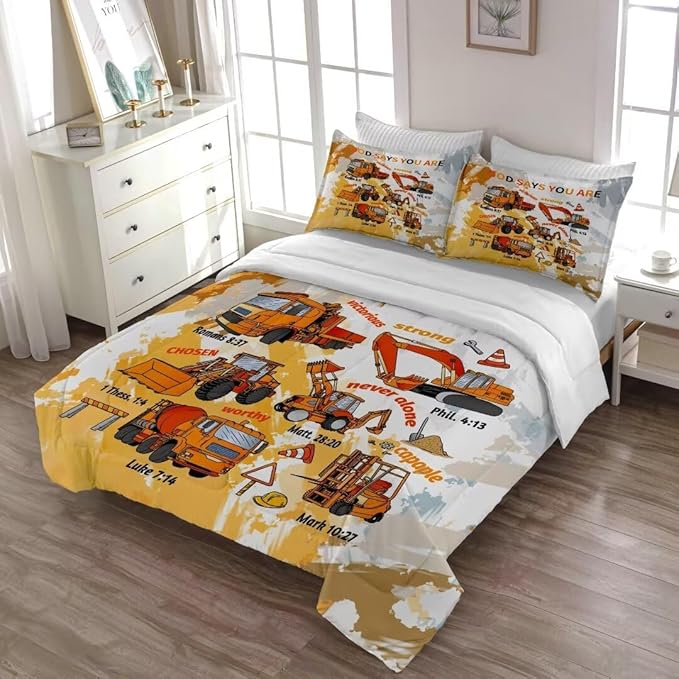 Kids Construction Vehicles Truck Comforter for Boys Queen,Cartoon Car Excavator Tractor Bedding Set,Construction Christian Spirational Quotes Comforter with 2 Pillowcases Yellow