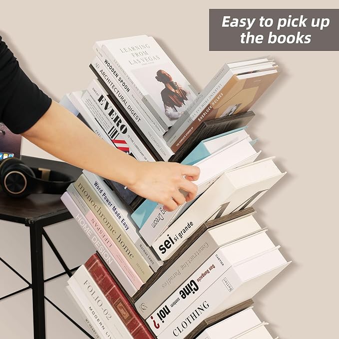 10 Tier Tree Book Shelf, Floor Standing Wood Bookshelf for Narrow Space, Storage Organizer Bookshelves for Books/CDs/Magazine, Bookcase with Shelves for Home Office, Living Room - Light Grey