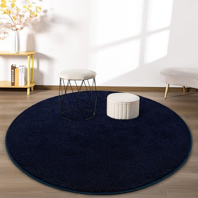 Round Area Rugs for Bedroom Living Room, 6x6 Navy Blue Super Soft Comfy Thickened Memory-Foam Indoor Circle Carpets, Modern Aesthetic Minimalist Carpet for Boys Girls Adults Nursery Home Décor