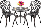Outdoor Bistro Table and Chairs Set of 2 Cast Aluminum Patio Bistro Set with Umbrella Hole, All Weather Bistro Table Set for Garden, Bronze