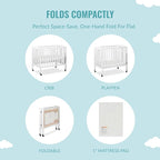 3 in 1 Portable Folding Stationary Side Crib in White, Greenguard Gold Certified, Safety Wheel with Locking Casters, Convertible, 3 Mattress Heights