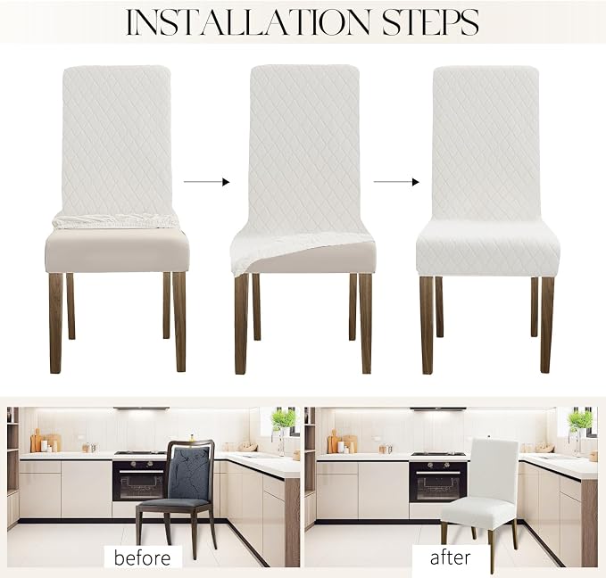 MOSAYT 100% Waterproof Dining Room Chair Covers Set of 6, Super Fit Stretch Jacquard Parson Chairs Slipcovers Removable Washable Chair Seat Protectors for Home, Kitchen, Banquet (White - XL)
