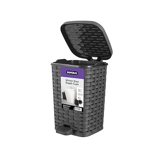 Superio Mini Trash Can with Foot Pedal Small Outdoor Garbage Can with Lid, 1.5 Gallon Plastic Waste Basket for Bathroom, Bedroom, Kitchen, Office, Patio (Wicker Grey 6 QT.)