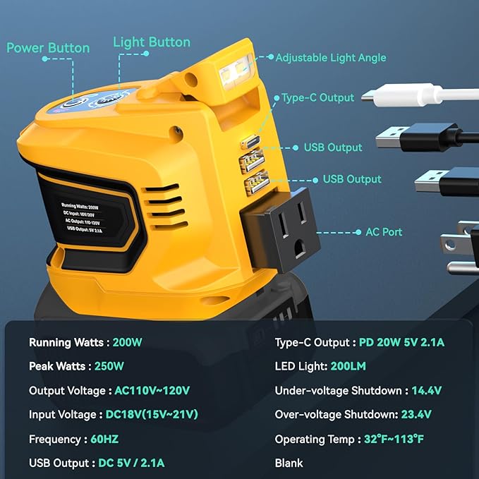 Portable Power Inverter Compatible with DeWALT 20V,Ecarke Real 200W Outdoor Generators with 2 USB&Type-C&AC,DC 20V to AC 110V Portable Power Station, Charger Adapter Battery Powered Outlet(no battery)