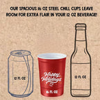 Steel Chill Cups 16 oz. Reusable Party Cups, Happy Holidays, 12 Count | Made in USA from Steel these durable cups chill fast & keep your drink cold for longer, 100% recyclable for sustainablity