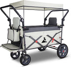 Foldable Wagon with Canopy - Collapsible Utility Cart with 2 Seats & Belts, Adjustable Handle, Expandable Front for Camping, Picnic, Shopping (Beige/Grey)