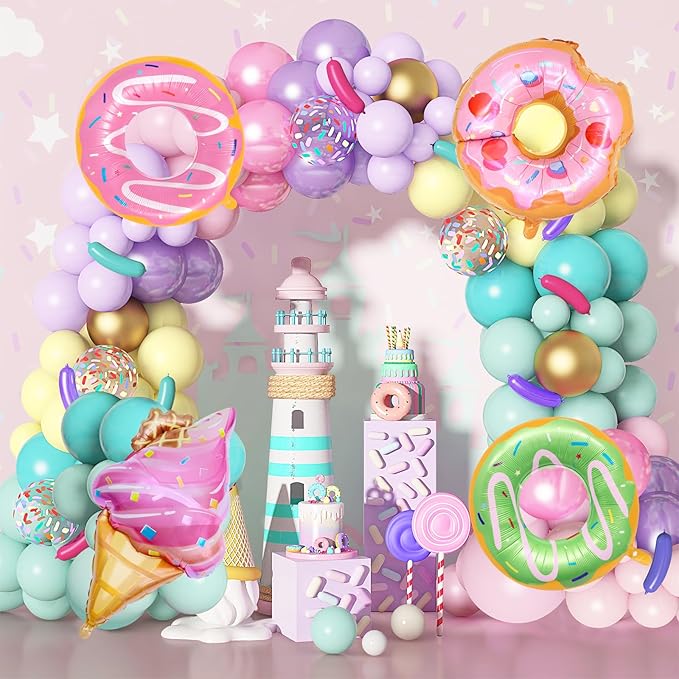 Amandir 139pcs Pastel Donut Balloon Arch Garland Kit Sweet One Ice Cream Birthday Party Decorations Sprinkles Confetti Pastel Balloons for Donut Grow Up Girl Baby Shower Spring Party Supplies