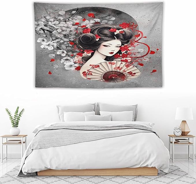 Japanese Geisha Tapestry Asian Red Cherry Blossom Red Sun Traditional Kimono Folk Tapestries Home Decor for Living Room Bedroom Apartment Farmhouse Dorm 90"x60"