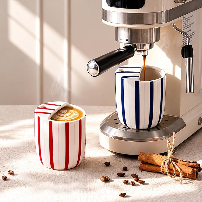 2 Pcs Ceramic Mug with Sip Hole 10 oz Deep Blue Red Striped Ceramic Coffee Mug Hand Painted Travel Mugs Heat Resistant Non Slip Built in One Lid Mugs for Coffee Lovers Appreciation Gift