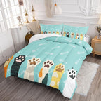 Datura home Cat Paws Comforter Bedding Set for Kids Teens,Cartoon Cat Paws and Fish Bones Pattern Lightweight Cyan Comforter with 2 Pillowcases,3pcs(Cat Paws Full)