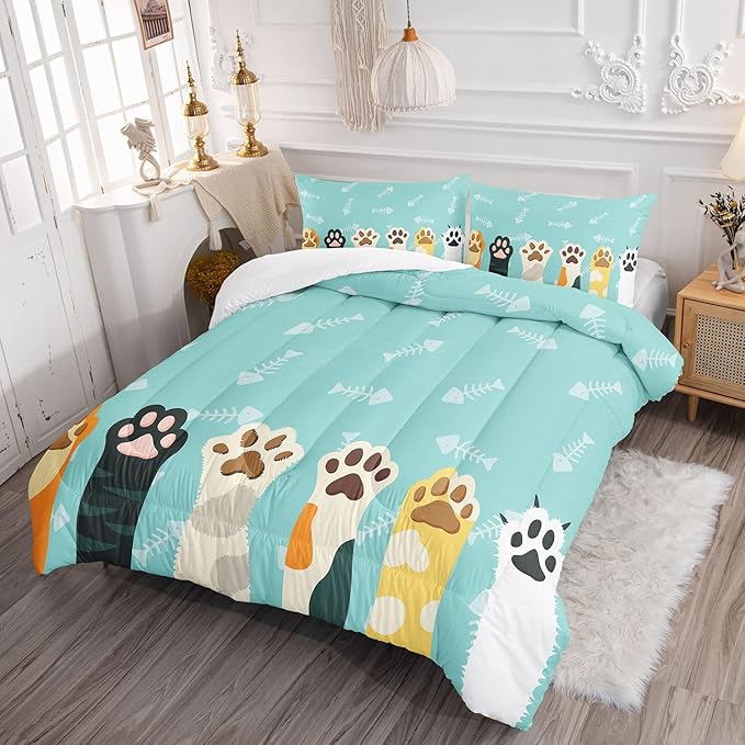 Datura home Cat Paws Comforter Bedding Set for Kids Teens,Cartoon Cat Paws and Fish Bones Pattern Lightweight Cyan Comforter with 2 Pillowcases,3pcs(Cat Paws Twin)