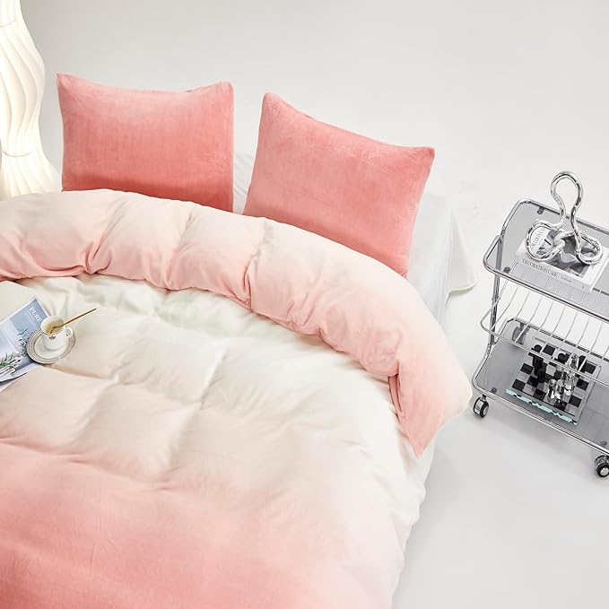 Wellboo Pink White Gradient Comforter Sets Full White and Pink Fluffy Bedding Comforters Modern Bean Pink Gradient Flannel Quilts Farmhouse Abstract Art Watercolor Comforters Sherpa Fuzzy Plush Bed