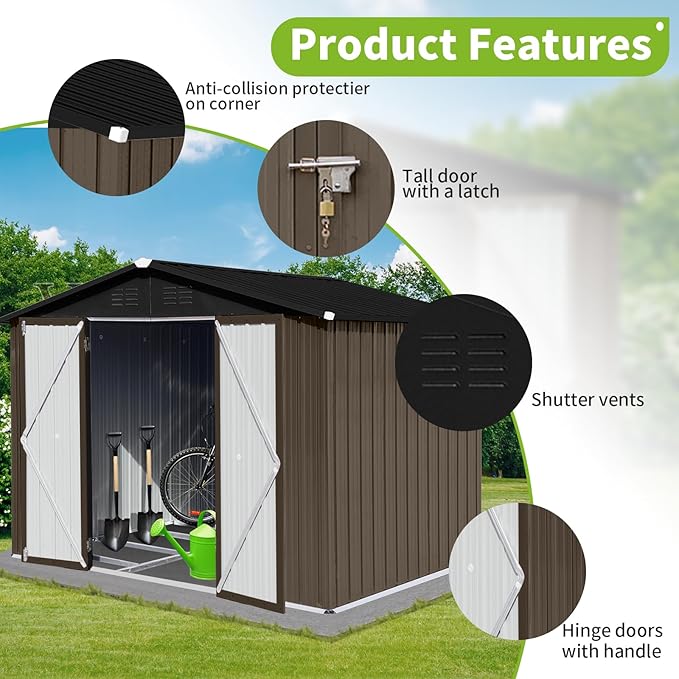 8FT x 6FT Outdoor Metal Storage Shed with Apex Roof - Heavy Duty Steel Garden Shed with Hinged Door & Built-in Vents, Includes Free Padlock for Secure Tool & Equipment Storage (Easy Assembly)