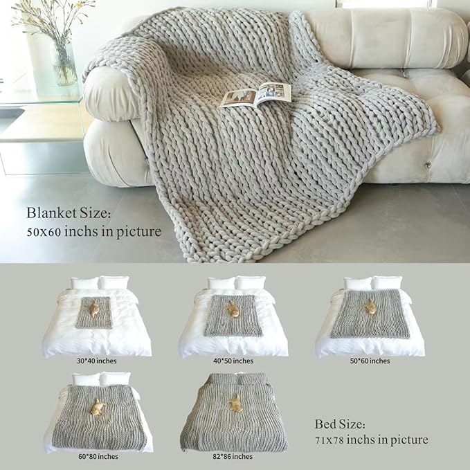 Maetoow Chenille Chunky Knit Blanket Throw （50×60 Inch）, Handmade Warm & Cozy Blanket Couch, Bed, Home Decor, Soft Breathable Fleece Banket, Christmas Thick and Giant Yarn Throws, Khaki