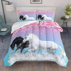 Kid Horse Comforter Set Room Floral Animal Theme Handsome Horse Chic Cherry Blossom Bedding Set 3D Wild Animal Decor Quilt Set for Girls Adult, 1 Comforter + 2 Pillowcases