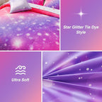 A Nice Night 6Pcs Gradient Glitter Bedding Set for Girls, Colorful Rainbow Galaxy Comforter Set, Ultra Soft Bedding Sets (Pink-Purple,Twin 6Pcs)