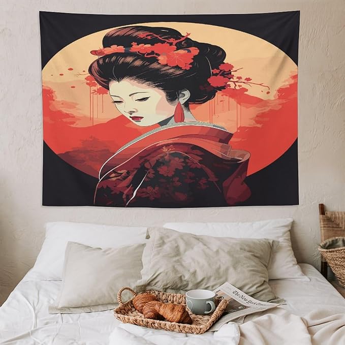 Japanese Woman Geisha Tapestry Asian Cherry Blossom Red Sun Traditional Kimono Folk Tapestries Home Decor for Living Room Bedroom Apartment Farmhouse Dorm 80"x60"