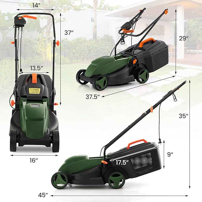 Electric Lawn Mower, 13" Corded Lawnmower with 10 Amp Copper Motor, 6.6-Gallon Grass Collection Box & 3-Position Heights, Push Lawn Mower Electric De-thatcher for Garden & Farmyard (Green)