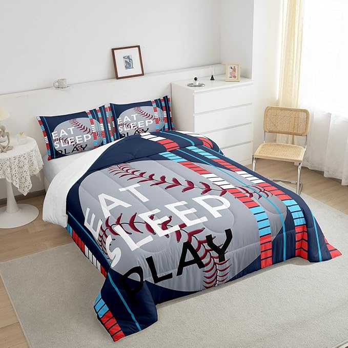Feelyou Baseball Comforter Set Sports Game Bedding Set for Boys Girls Children Baseball Gaming Blue Stripe Comforter Gift for Baseball Softball Lover Room Decor Twin Size Quilt Set