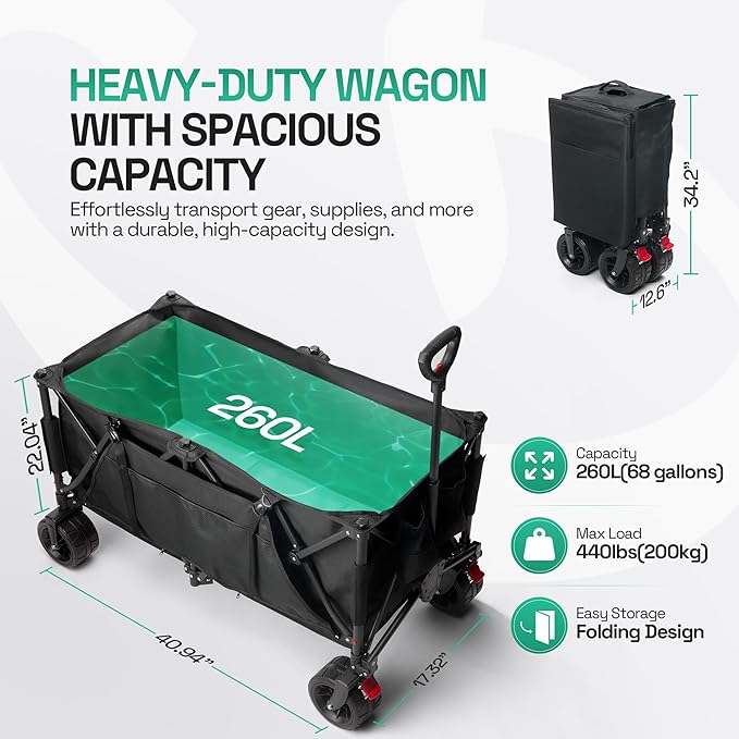 Foldable Beach Wagon Cart- Interchangeable All Terrain Wheels- 12" Beach Wheels Optional- Patent Pending- Gardening, Fishing, Shopping-Built-in Insulated Cooler Pouch, More Storage Pockets, Cupholders