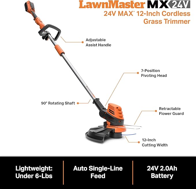 LawnMaster CLGT2412S 24V 12" Cordless String Trimmer 2.0AH Battery & Charger Included