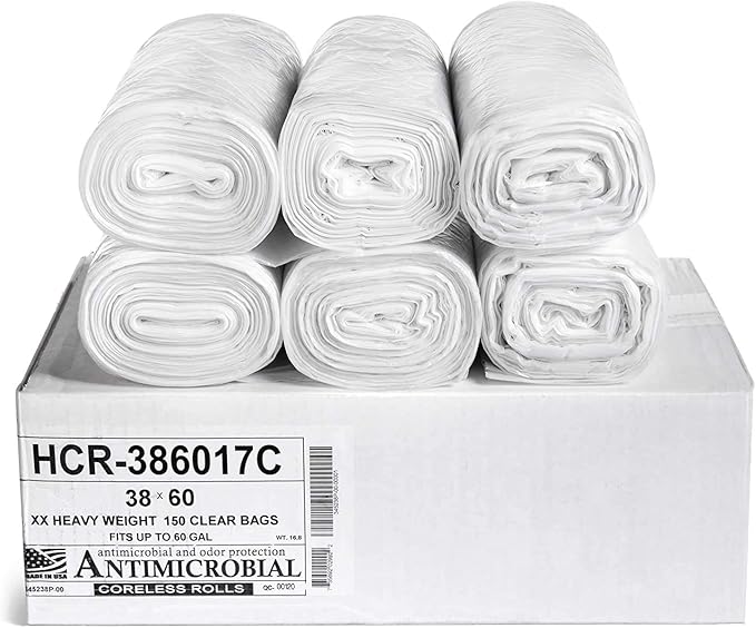 Aluf Plastics High Density Trash Bags, 60 Gallon, 150 Count, 17 Micron (eq), 38" x 60", Clear, for Bathroom, Office, Industrial, Commercial, Janitorial, Municipal, Recycling
