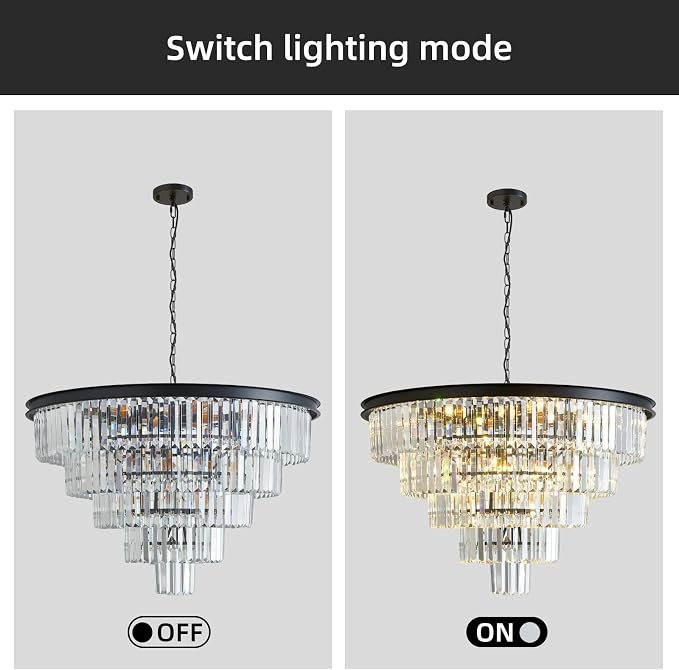 Large Crystal Chandelier 30'' Modern Black Dining Room Light Fixture | 5-Tier K9 Luxury Crystal Pendant Light for High Ceiling Big lighting fixture for Living Room Kitchen Foyer Staircase Entryway